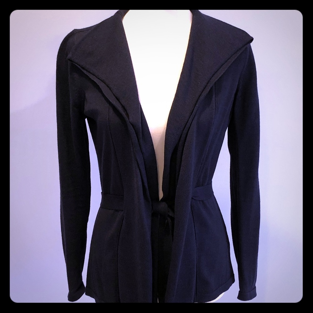 Elie Tahari blue merino wool belted cardigan